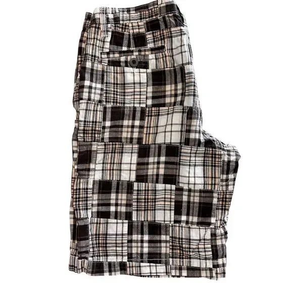 Vtg Mens Y2K Patchwork brown Plaid longer Shorts 100% cotton sz 32 skater grunge - Picture 4 of 9